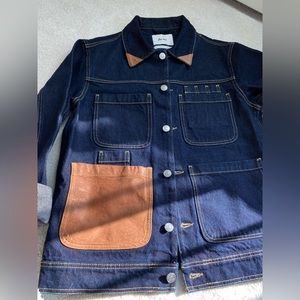 NWOT H&M /Nyden x Dr. Woo Embroidered Denim Jacket with Brown Leather Trim in M